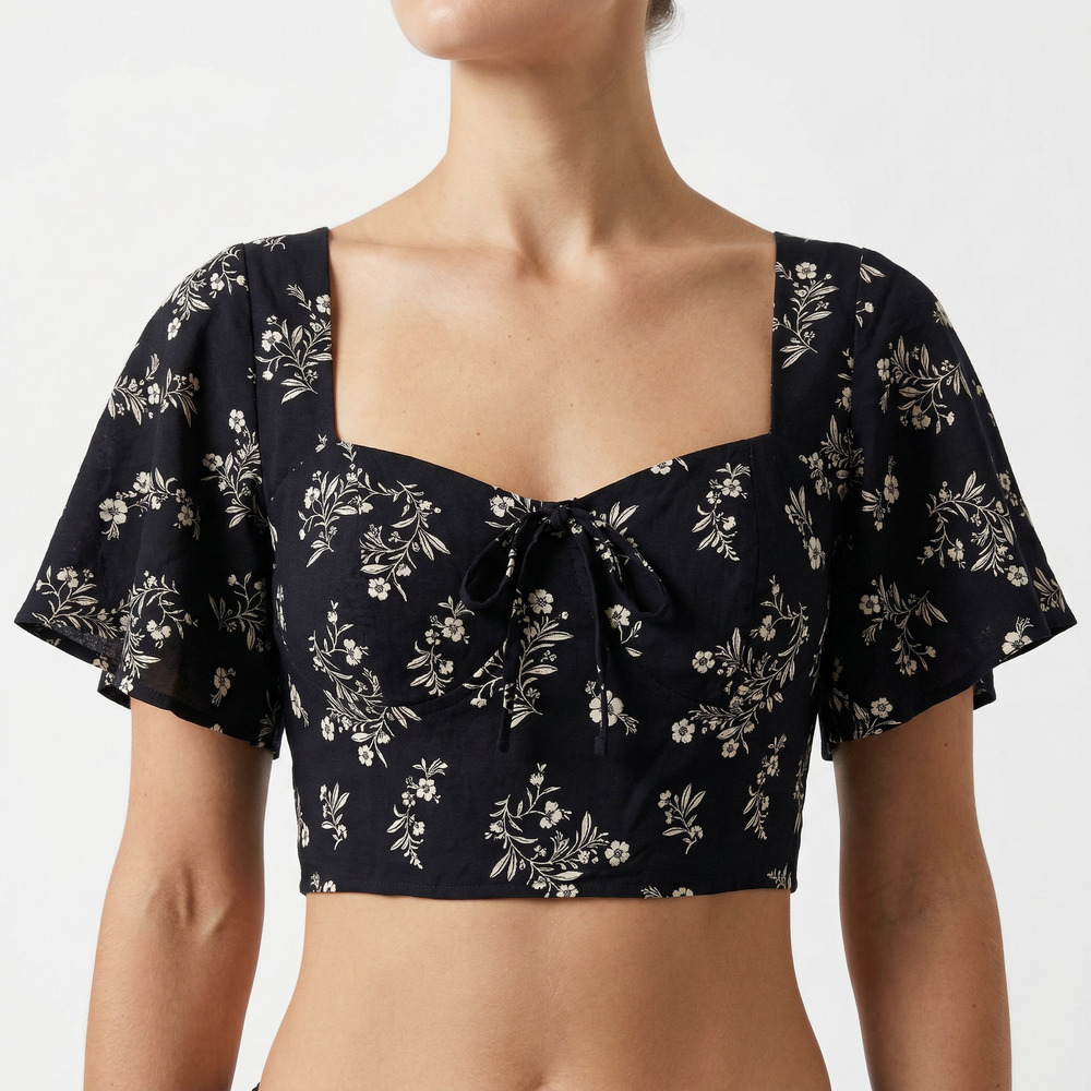 Forever 21 Women's Floral Crop Top Flutter Sleeve Boho Cottagecore Black M